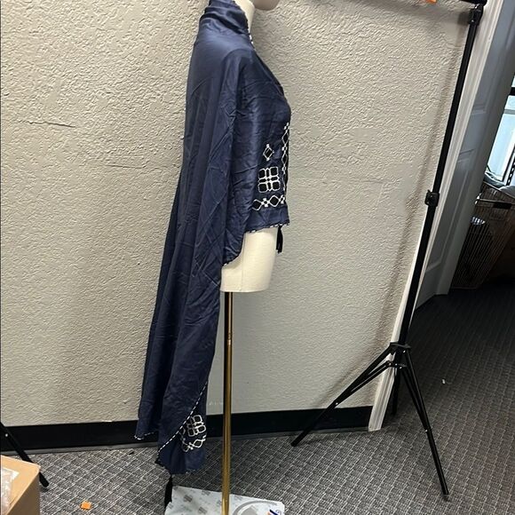Navy Blue Embroidered Shawl with Tassels - Picture 2 of 4